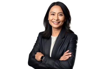Asian middle-aged business woman smiling in suit, crossed arms isolated on a transparent background.