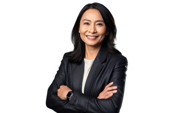 Asian middle-aged business woman smiling in suit, crossed arms isolated on a transparent background.