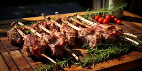 Grilled meat or lamb ribs and cuts of meat on skewers as a barbecue party or picnic. AI generated. - obrazy, fototapety, plakaty