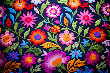 Fototapeta na wymiar Handcrafted Heritage, Mexican Textile Delight. Mexican embroidery, flowers, floral ethnic pattern. Close up. Generative AI