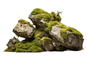 Beautiful of Large rocks with overgrown foliage and moss, plants and foliage around isolated on a transparent background.