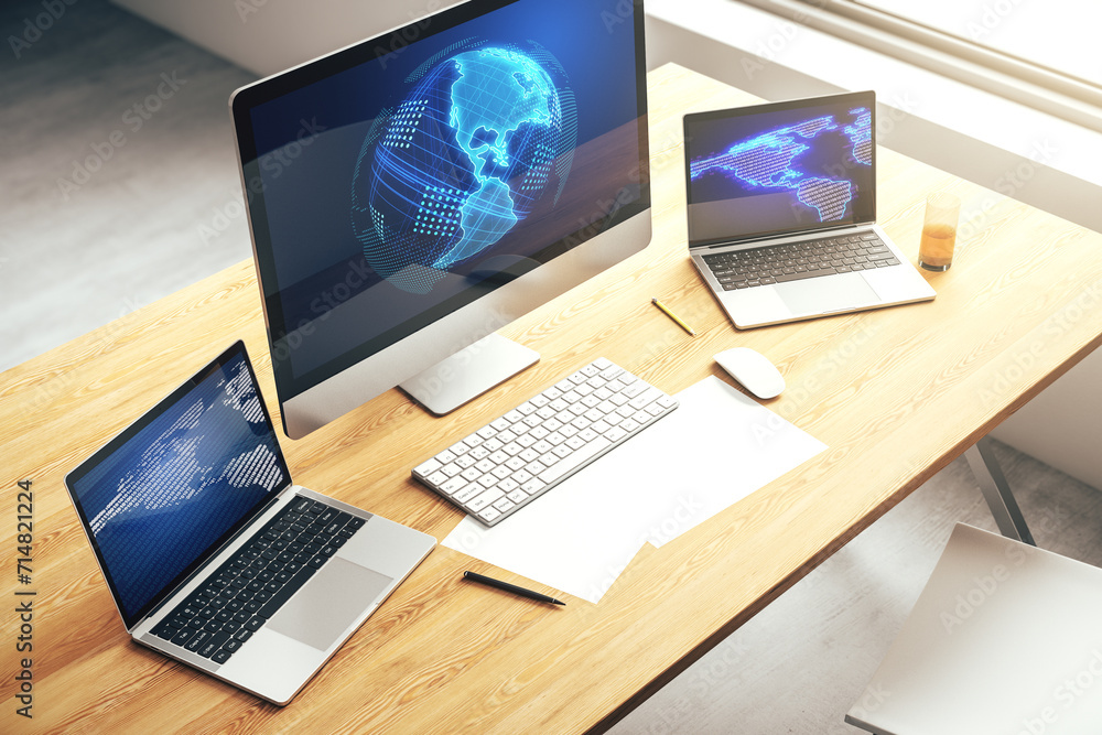 Aufkleber modern computer monitor with america map, research and strategy concept. 3d rendering