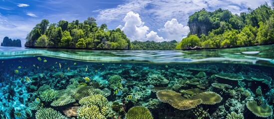 Raja Ampat, Indonesia, boasts abundant marine life, making it a popular spot for diving and snorkeling. - obrazy, fototapety, plakaty