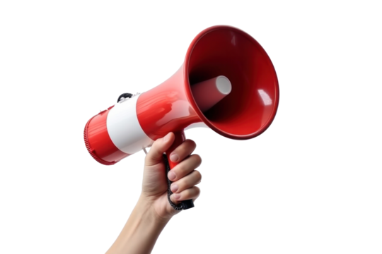 Close up hand holding megaphone, marketing and sales isolated on a transparent background.
