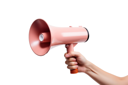 Close up hand holding megaphone, marketing and sales isolated on a transparent background.