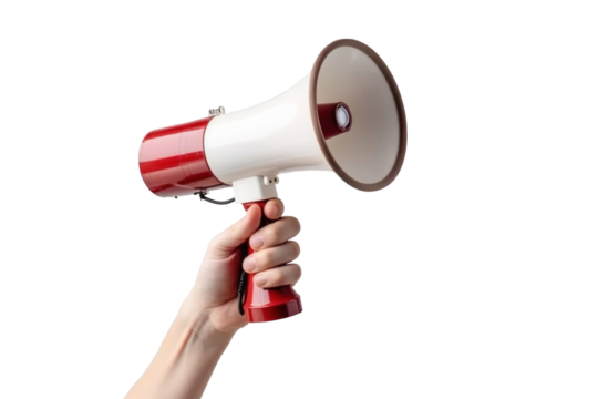 Close up hand holding megaphone, marketing and sales isolated on a transparent background.