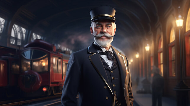 a character of nostalgic steam train conductor in old train station
