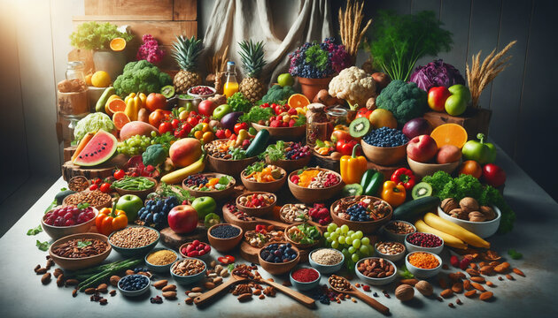 Vibrant Vegan Feast: A Colorful Array of Plant-Based Foods

This wide 16:9 image showcases a vibrant and colorful assortment of vegan foods, artfully arranged in a kitchen setting.