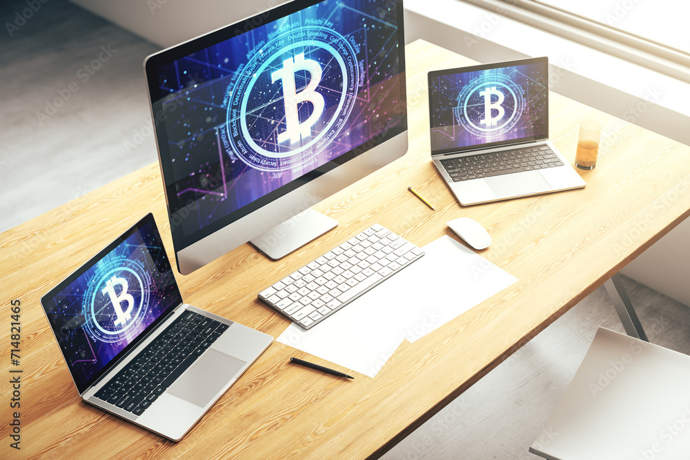 Poster creative bitcoin concept on modern laptop screen. 3d rendering