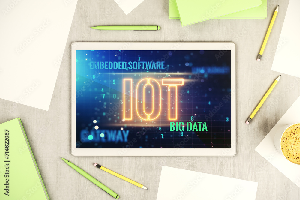 Poster creative iot illustration on modern digital tablet display, future technology concept. top view. 3d 