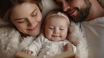 A young family enjoys reading together, with a curious baby girl in a white dress learning from her attentive parents.