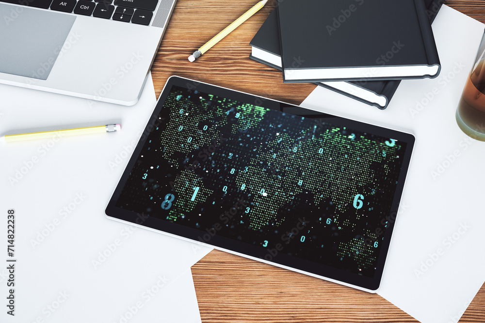 Poster Modern digital tablet monitor with abstract creative coding sketch and world map, artificial intelligence and neural networks concept. Top view. 3D Rendering