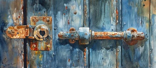 An ancient door's lock and latch painted with watercolors.