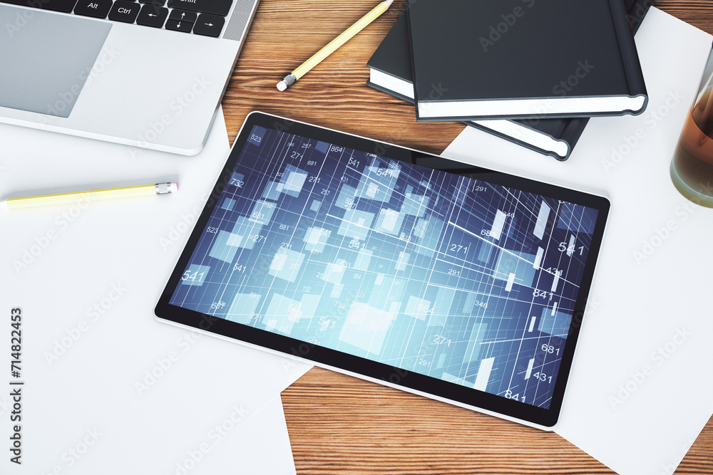 Poster abstract creative statistics data hologram on modern digital tablet screen, analytics and forecastin