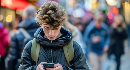 A young teenage boy standing or walking on a city street, looking at his smartphone that he is holding in his hands. Handsome male person using technology, cellphone in public