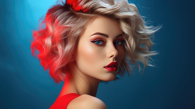 Beautiful blonde in red light on a blue background.