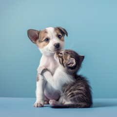 puppy and kitten playing together in studio on pale blue background