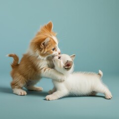 two little kittens playing in the studio on blue background