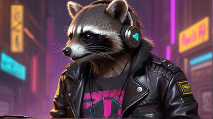 Raccoon Synthwave Serenity Down Under by Alex Petruk AI GENERATED - obrazy, fototapety, plakaty