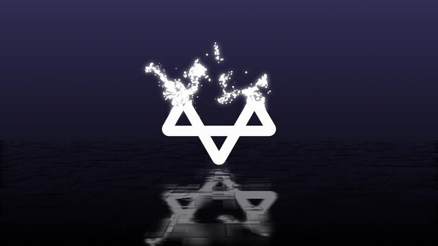 Symbol of judaism, star of David symbol made of glowing white particles disappear and dissolve on reflecting blue floor and dark background. 