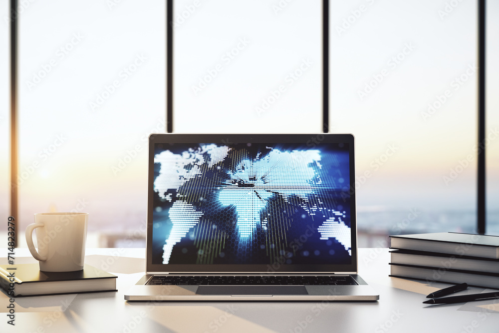 Fototapete abstract digital world map on modern computer monitor, big data and blockchain concept. 3d rendering