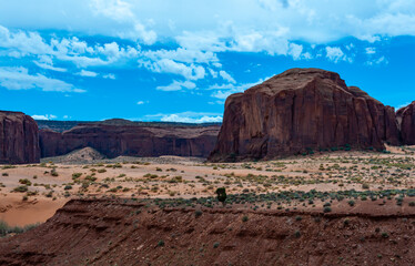 Desert landscape with red rocks and dry vegetation on red sands in Monument Valley, Navajo Nation,  Arizona - Utah