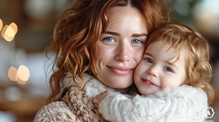 A loving mother holds her young child close, both wearing cozy knitted clothes, sharing a moment of warmth and affection.