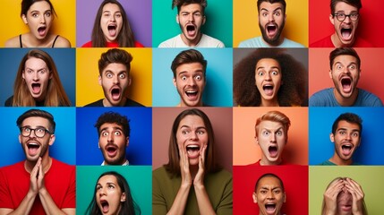 The collage of faces of surprised people on colored backgrounds. Happy men and women smiling. Human emotions, facial expression concept. collage of different human facial expressions, emotions - obrazy, fototapety, plakaty