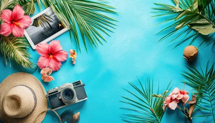 Foto op Plexiglas Tropical vacation-themed collage of diverse smart tourism activities such as an online booking, a photography portfolio, and a travel blog © mikhailberkut