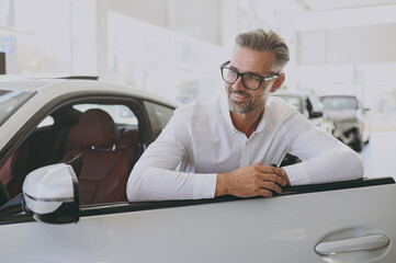 Adult man customer male buyer client wears shirt glasses look aside open lean on door choose auto...
