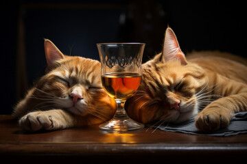 Two drunk cats are sleeping near glasses of whiskey. 