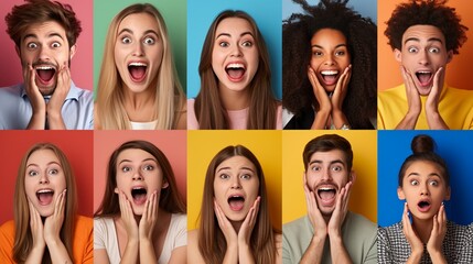 The collage of faces of surprised people on colored backgrounds. Happy men and women smiling. Human emotions, facial expression concept. collage of different human facial expressions, emotions