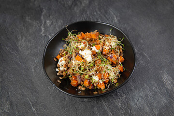 black lentils with pumpkin, feta and roasted sunflower seeds