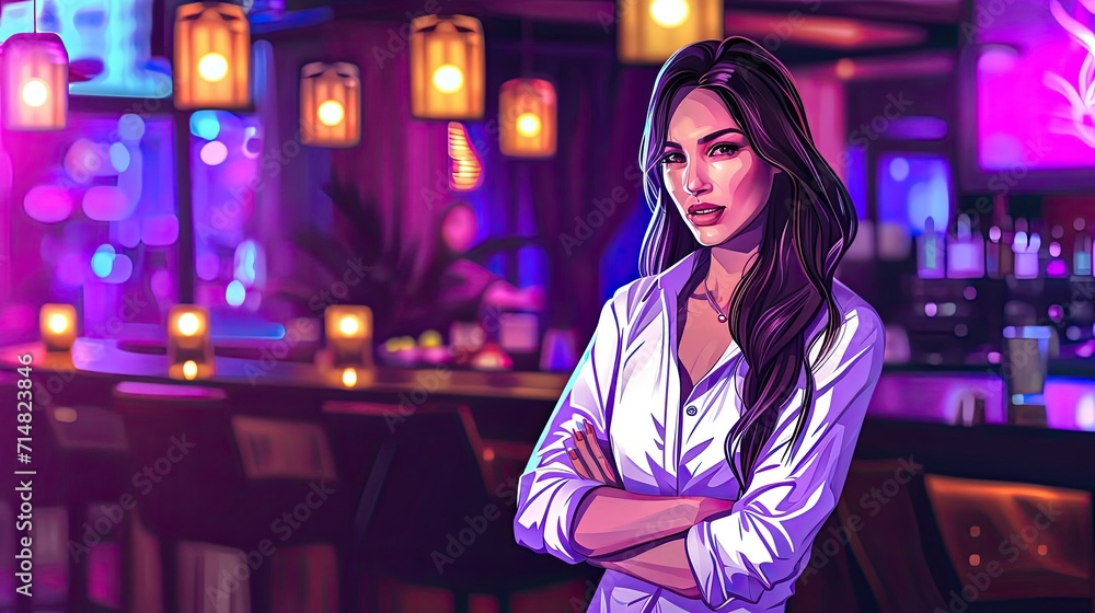 Poster woman standing in front of bar socializing and enjoying drinks generative ai