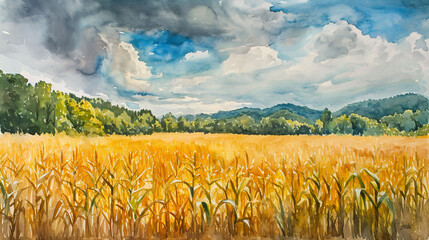 watercolor corn field in the summer