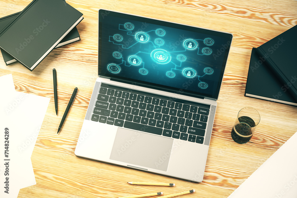 Fototapete modern computer screen with social network media concept. 3d rendering