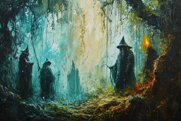 Foto auf Leinwand Mystical forest shamans, communing with nature spirits and harnessing their ancient magic - Generative AI © Sidewaypics