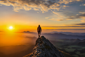 Adventurous Man Hiker standing on top of the peak with rocky mountains. Adventure Composite. Aerial Background Image of landscape. Sunset Sky. generative ai
