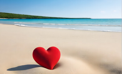 Fototapeta premium A red heart on the beach, background, Valentine's Day, Christmas. Generative AI