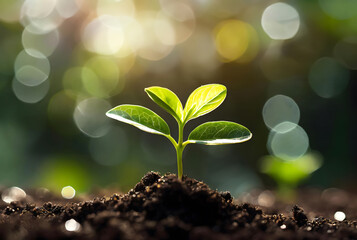 Close up of a young plant sprouting from the ground with green bokeh background, rich soil, ecology...