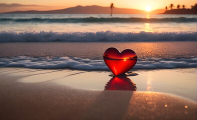 Fototapeta premium A red heart on the beach, background, Valentine's Day, Christmas. Generative AI