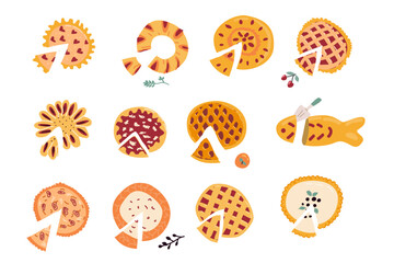 Hand drawn sliced pie set with different shapes. Vector illustration isolated. Set of pie with berry fruit, onion, cheese feeling. Cartoon style. 