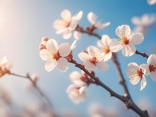 Branches of blossoming apricot macro with soft focus on gentle light blue sky background. Generative AI