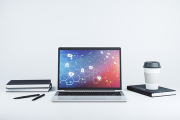 Fototapeta premium Creative abstract medical sketch on modern laptop monitor, Medicine and healthcare concept. 3D Rendering