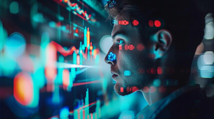 A financial analyst studying a hologram of real-time stock market trends, business, holograms, blurred background, with copy space - obrazy, fototapety, plakaty