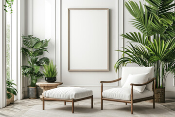 Mock up frame in a large living room interior backdrop, white room with natural wooden furnishings and many plants