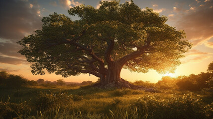 Fototapeta premium Leafy Tree With Sunset in the Background