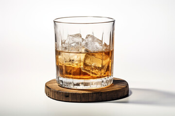 Glass of tumbler whiskey or cognac with ice. AI generated. White background.