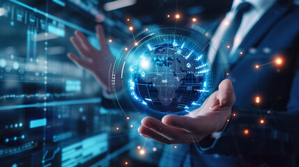 A businessman interacting with a virtual holographic globe for global business strategy, business, holograms, blurred background, with copy space - obrazy, fototapety, plakaty