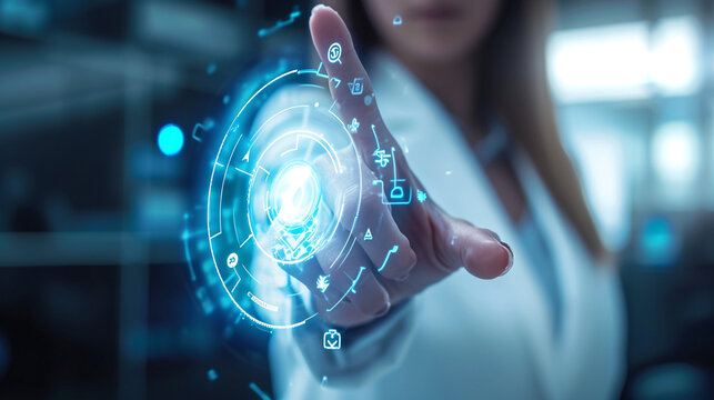 A virtual assistant appearing as a hologram helping with scheduling, business, holograms, blurred background, with copy space